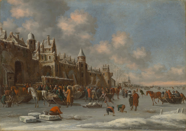 A winter landscape with skaters on a frozen lake near a city wall 1687