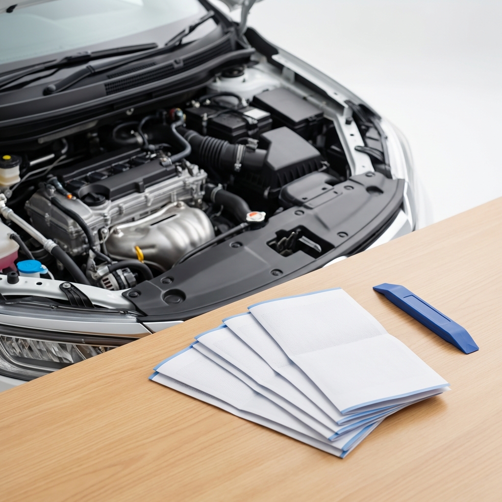 Close up of minivan engine bay with open service receipts on table showing maintenance history for toyota sienna for sale clean white minimalist CarFax Deals style