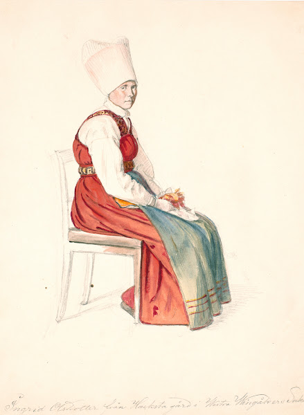 Siddende svensk bondekone med højt hovedlin 1851