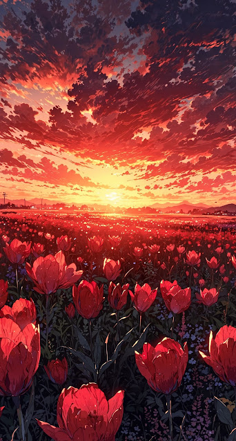 Dramatic Red Tulip Field Sunset Anime Illustration - Free mobile Wallpaper