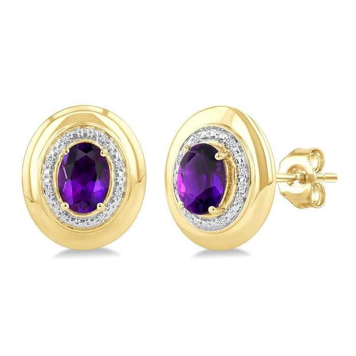 Gold Vermeil Bold Oval Shape Gemstone & Diamond Earrings