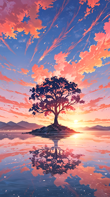 Solitary Tree on Island Under Fiery Sunset Sky - Free mobile Wallpaper
