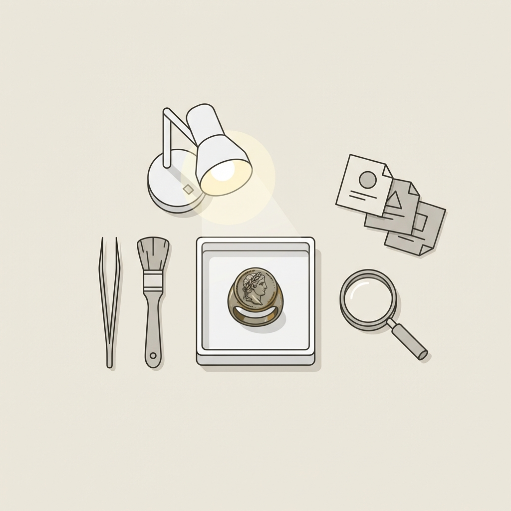 Minimalist 2D vector conservator workspace with tools condition notes and an ancient roman coin ring under an examination lamp