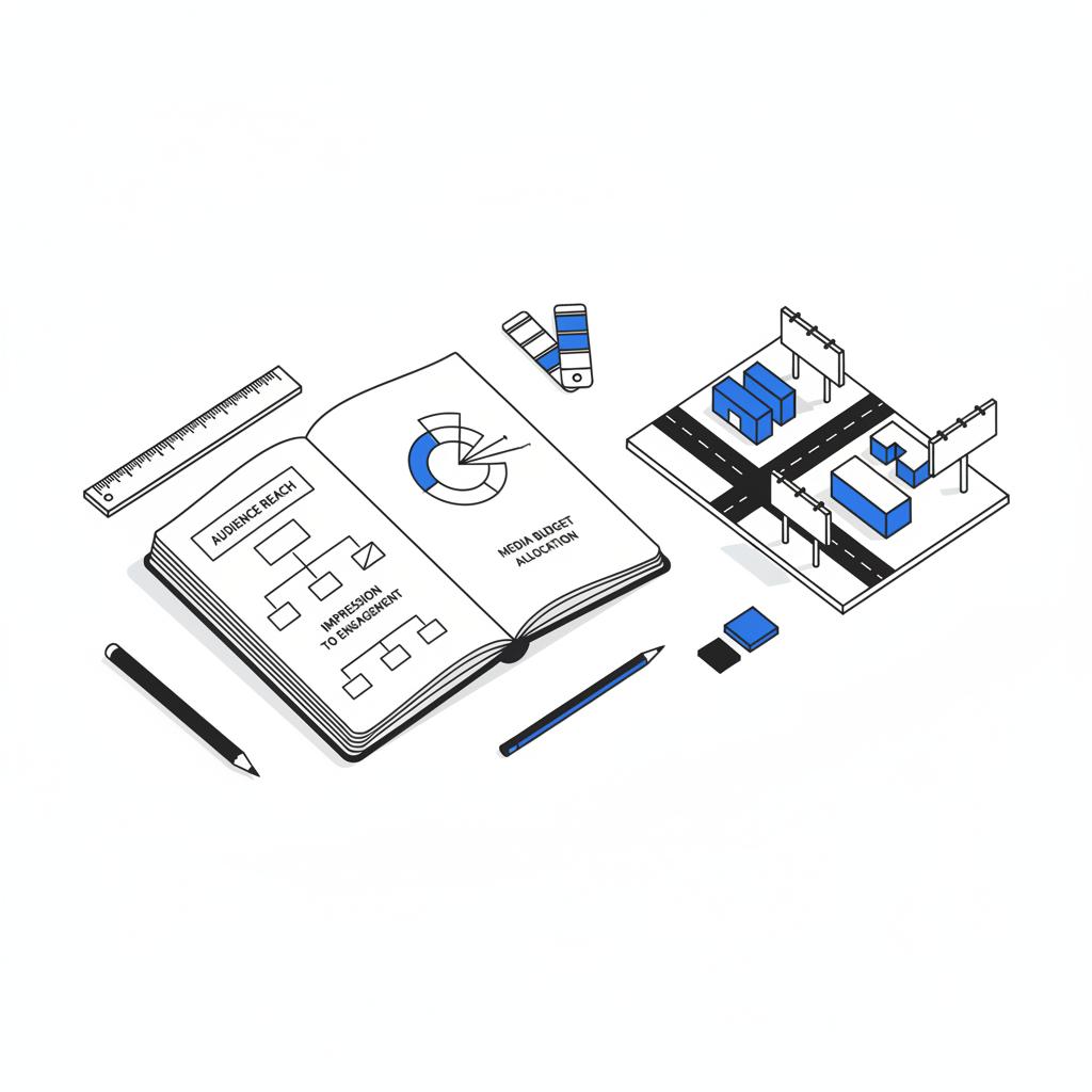 Overhead vector illustration of a minimalist planning desk with an open notebook, ruler and a small street-block model showing tiny blank billboards to suggest strategy and how much is a billboard advertisement.