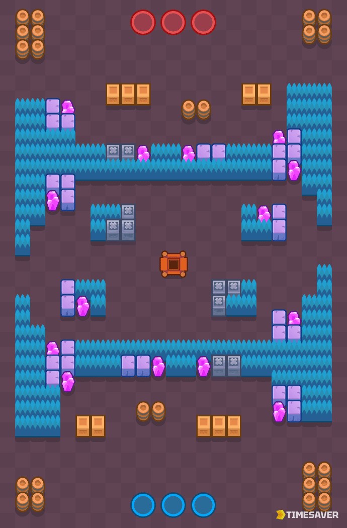 Brawl Stars Hard Rock Mine Gem Grab map showing bushes, walls and water tiles around the central mine