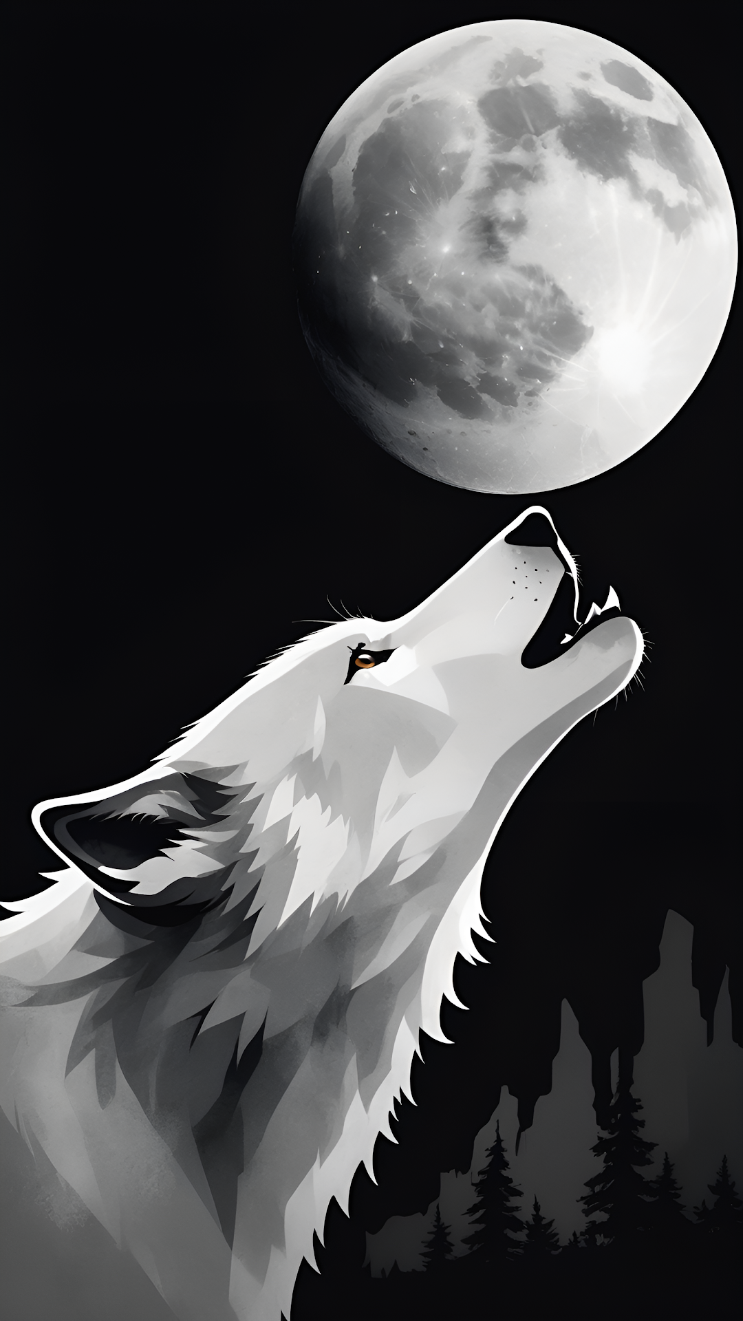 White Wolf Howling at Full Moon Minimalist Vector Art - Free 4K mobile Wallpaper
