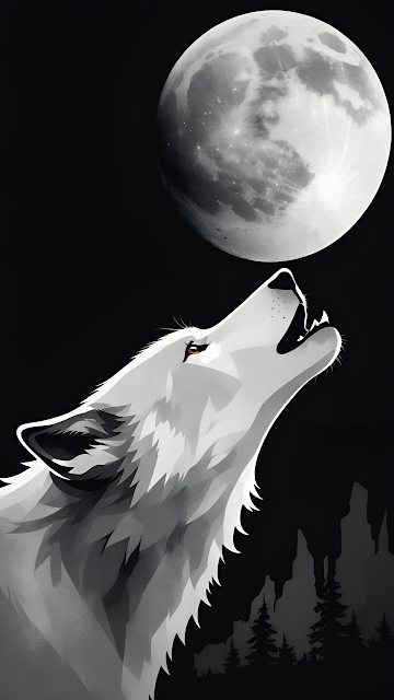 White Wolf Howling at Full Moon Minimalist Vector Art - Free mobile Wallpaper