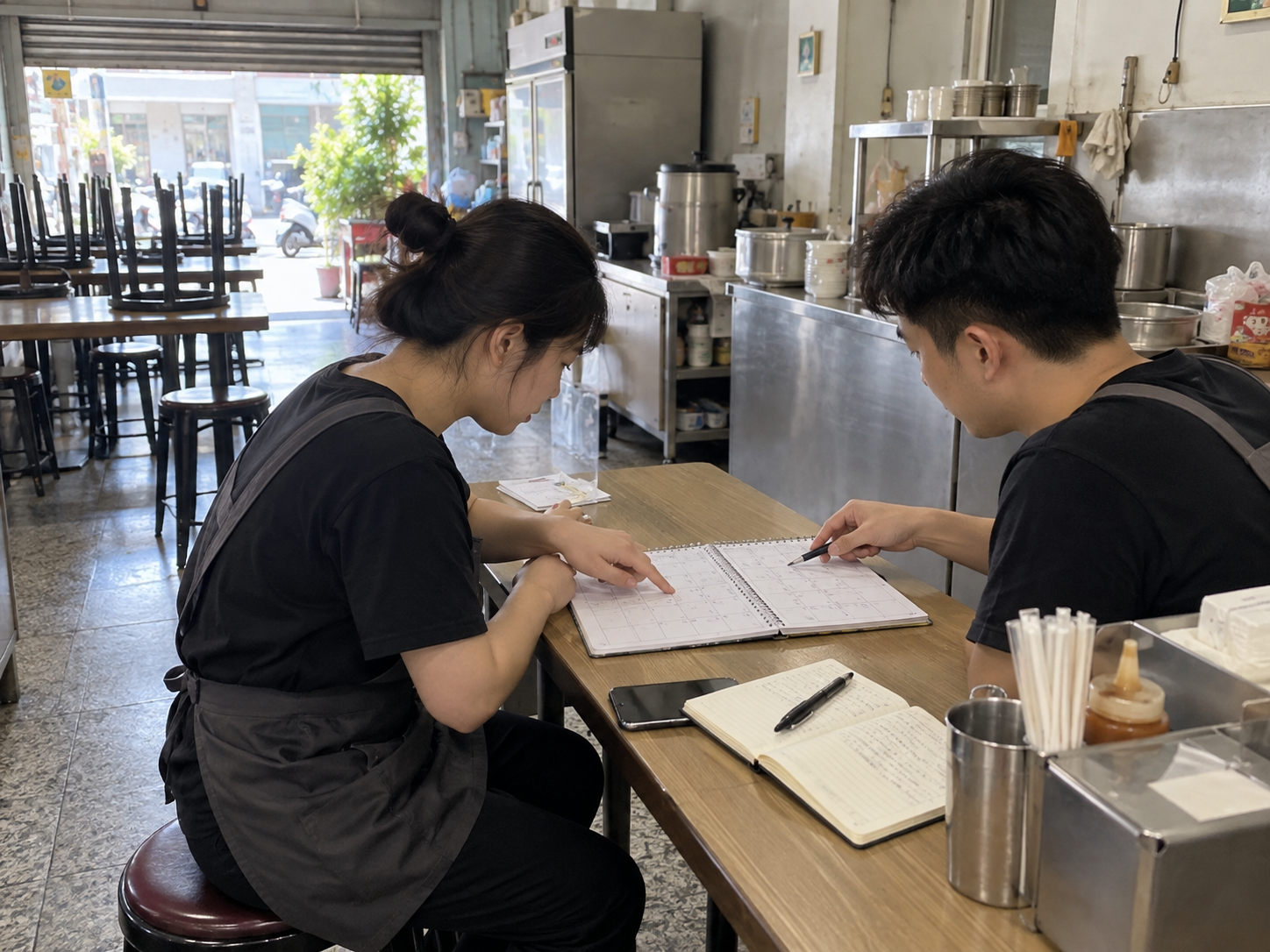兩名早餐店工作人員收店後討論排班與備援安排