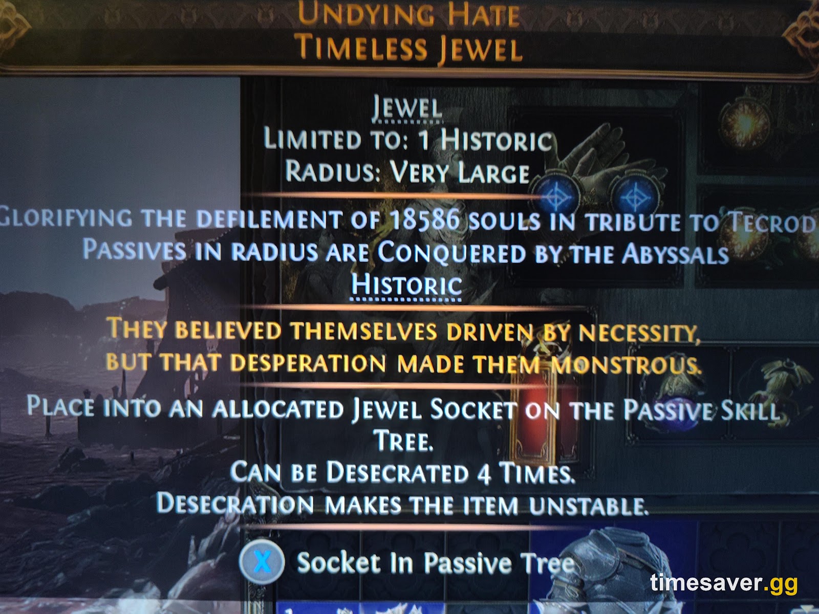 PoE2 Undying Hate jewel tooltip showing it can be Desecrated 4 times and becomes unstable