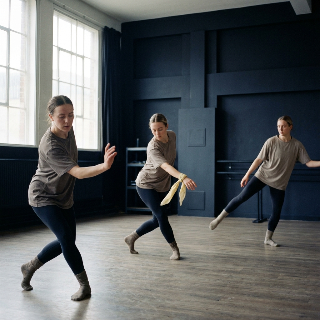 Close up rehearsal shot of three contemporary dancers practicing choreography indoors with natural motion blur minimalist studio aesthetic focused body lines and movement odds of winning nfl
