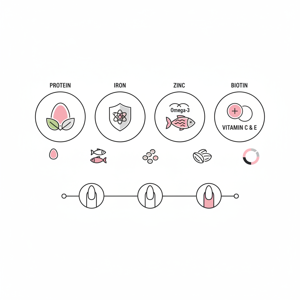 Minimalistische 2D-Vektor-Infografik zu Nägeln mit Icons für Protein, Eisen, Zink, Biotin, Omega-3 und Vitamine C &amp; E, Lebensmittel-Icons (Ei, Fisch, Linsen, Nüsse) und Timeline zum Nagelwachstum.