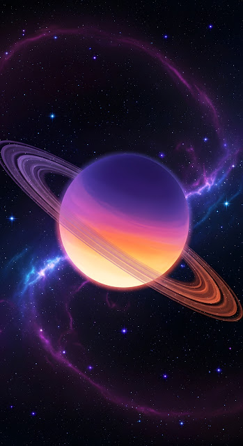 Vibrant Ringed Planet Against a Purple Nebula Sky - Free mobile Wallpaper