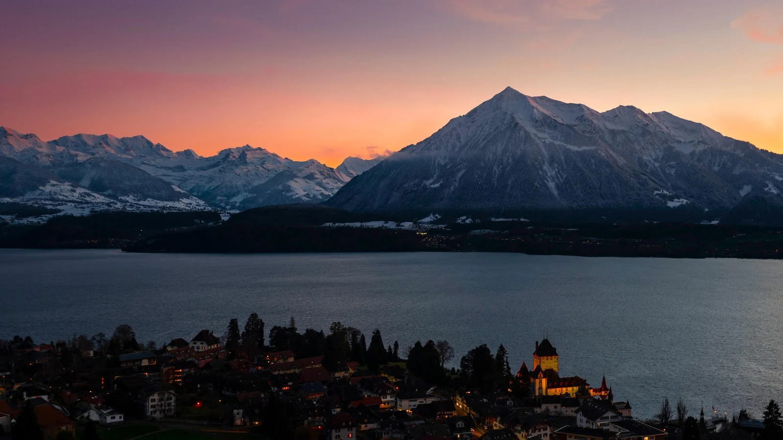 Alpine Village Under Sunset Glow 5K Desktop Wallpaper