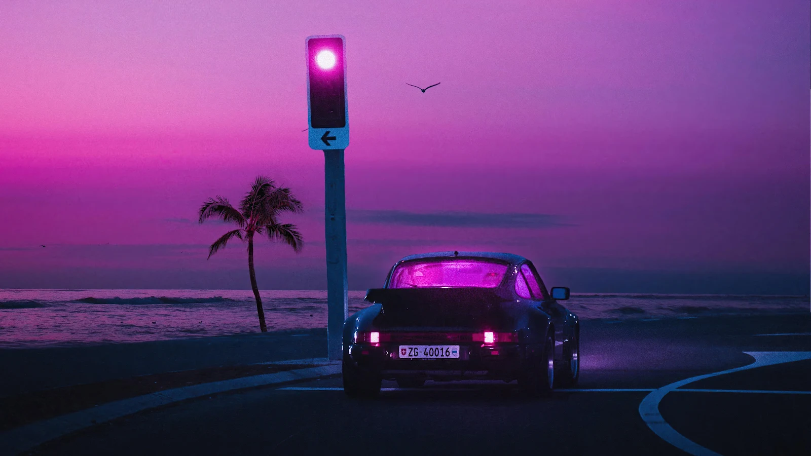 Synthwave, Porsche, Beach, Sunset 4K Desktop Wallpaper Background [3840x2160] Free Download
