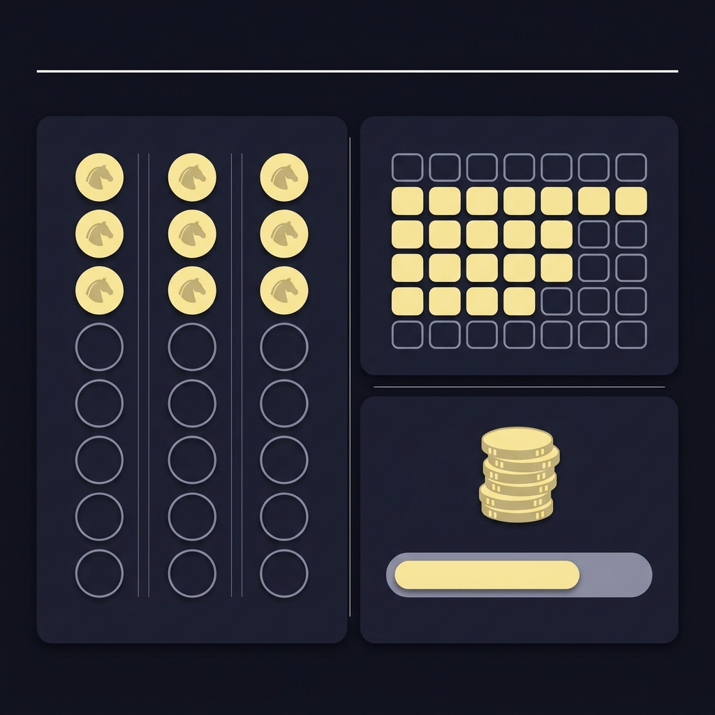 pick 6 horse racing calculator minimalist vector UI mockup showing trifecta box selection as token columns visual combinations grid and coin cost summary on Funded Plays dark branded background