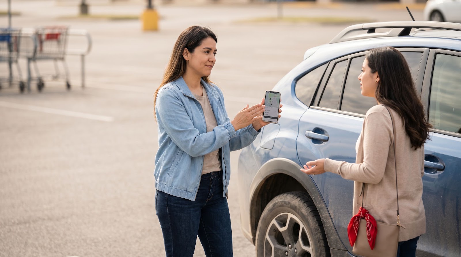 Texas car insurance lending car to friend scene showing a woman refusing to lend her car keys to a friend in a parking lot