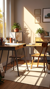 Minimalist Home Office Sunlight Shadows Cozy Interior Design
