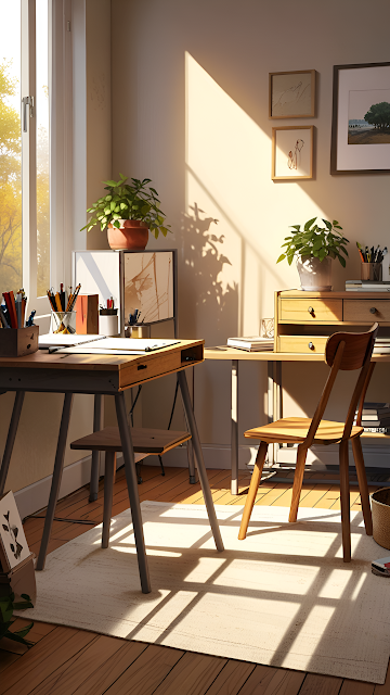 Minimalist Home Office Sunlight Shadows Cozy Interior Design - Free mobile Wallpaper