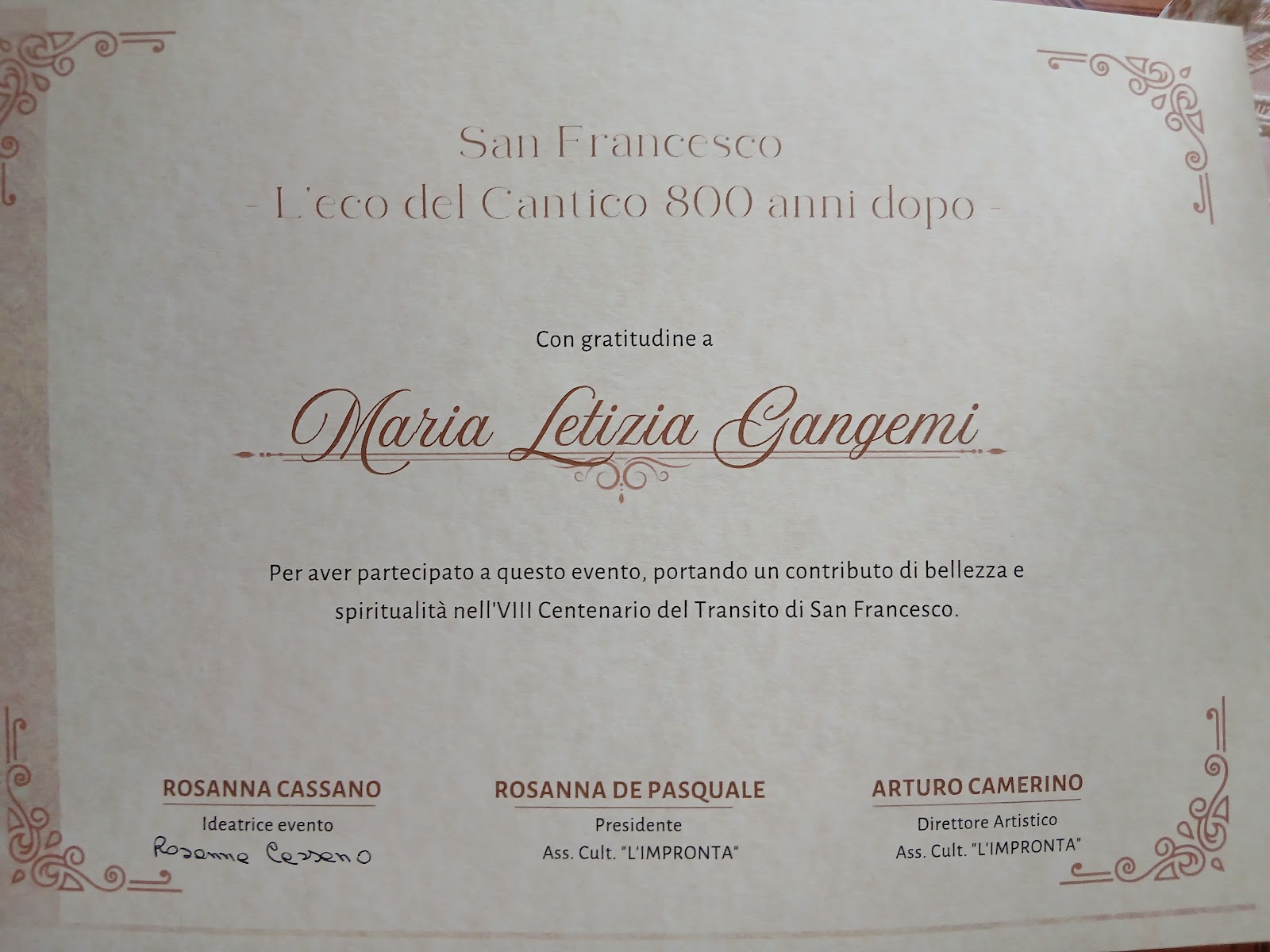 Attestato di gratitudine a Maria Letizia Gangemi