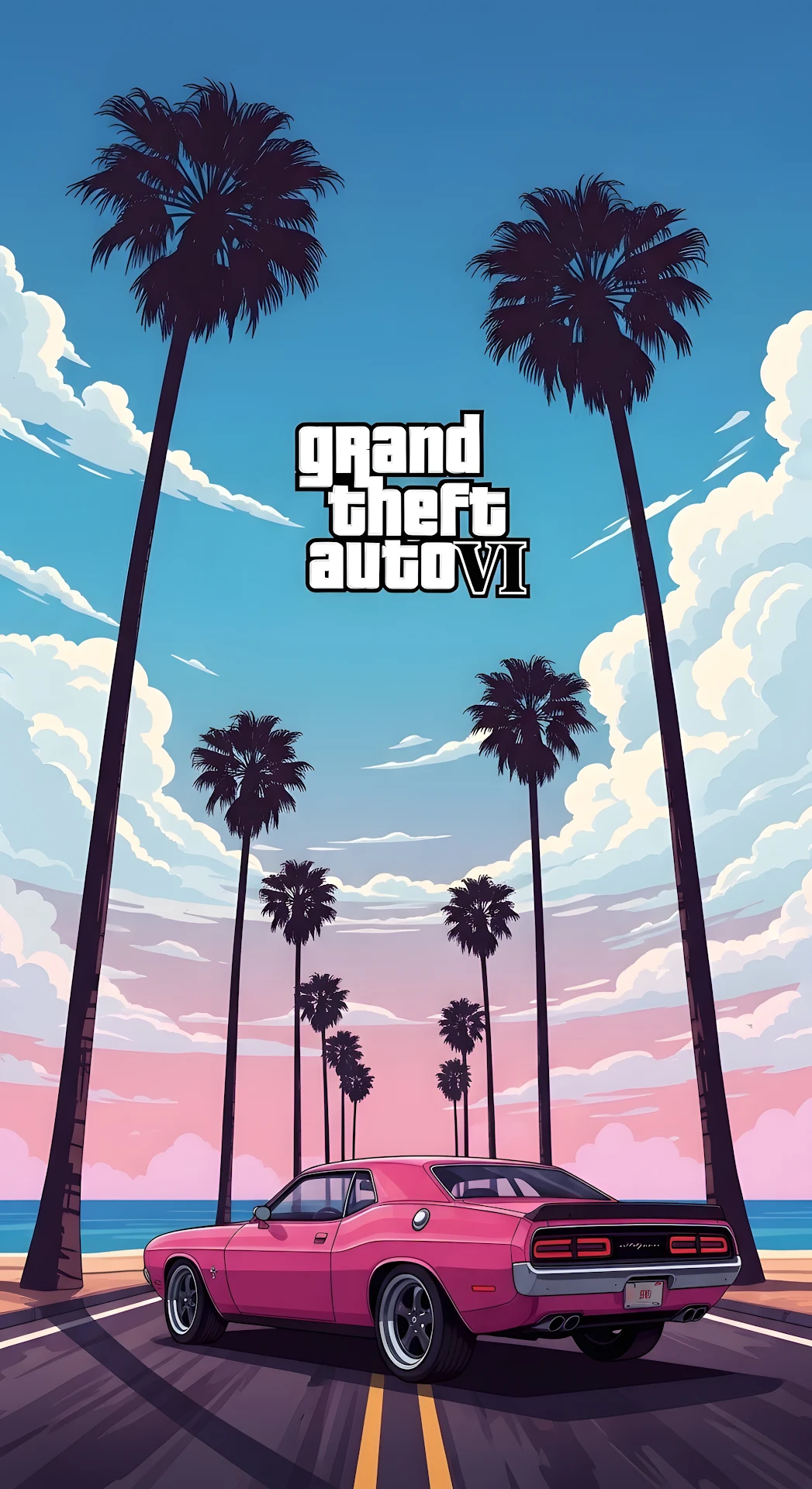 Grand Theft Auto VI Inspired Retro Sunset with Pink Muscle Car - Free 4K mobile Wallpaper