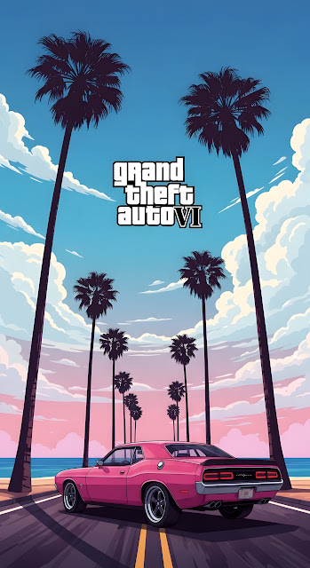 Grand Theft Auto VI Inspired Retro Sunset with Pink Muscle Car - Free mobile Wallpaper