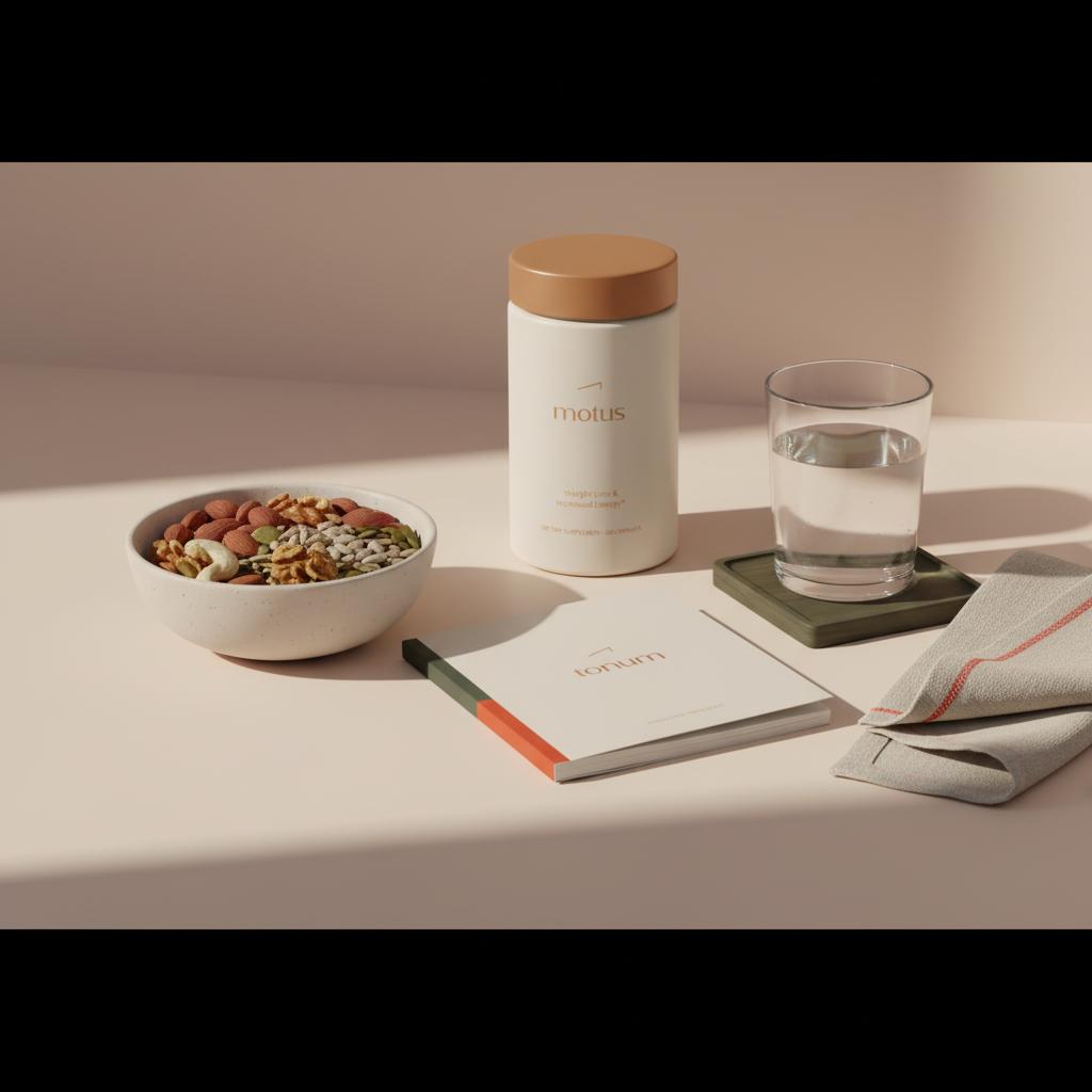 Minimalist countertop vignette with a bowl of magnesium-rich nuts and seeds, a Tonum booklet, and the Tonum supplement jar beside a glass of water — magnesium for sugar cravings.