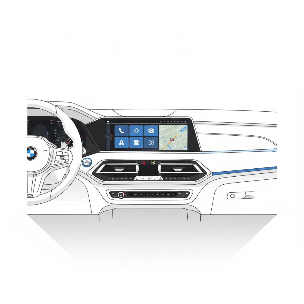 Minimalist 2D vector interior view focused on infotainment screen and dashboard during a test drive showing an iDrive style interface bmw x5 for sale no logos