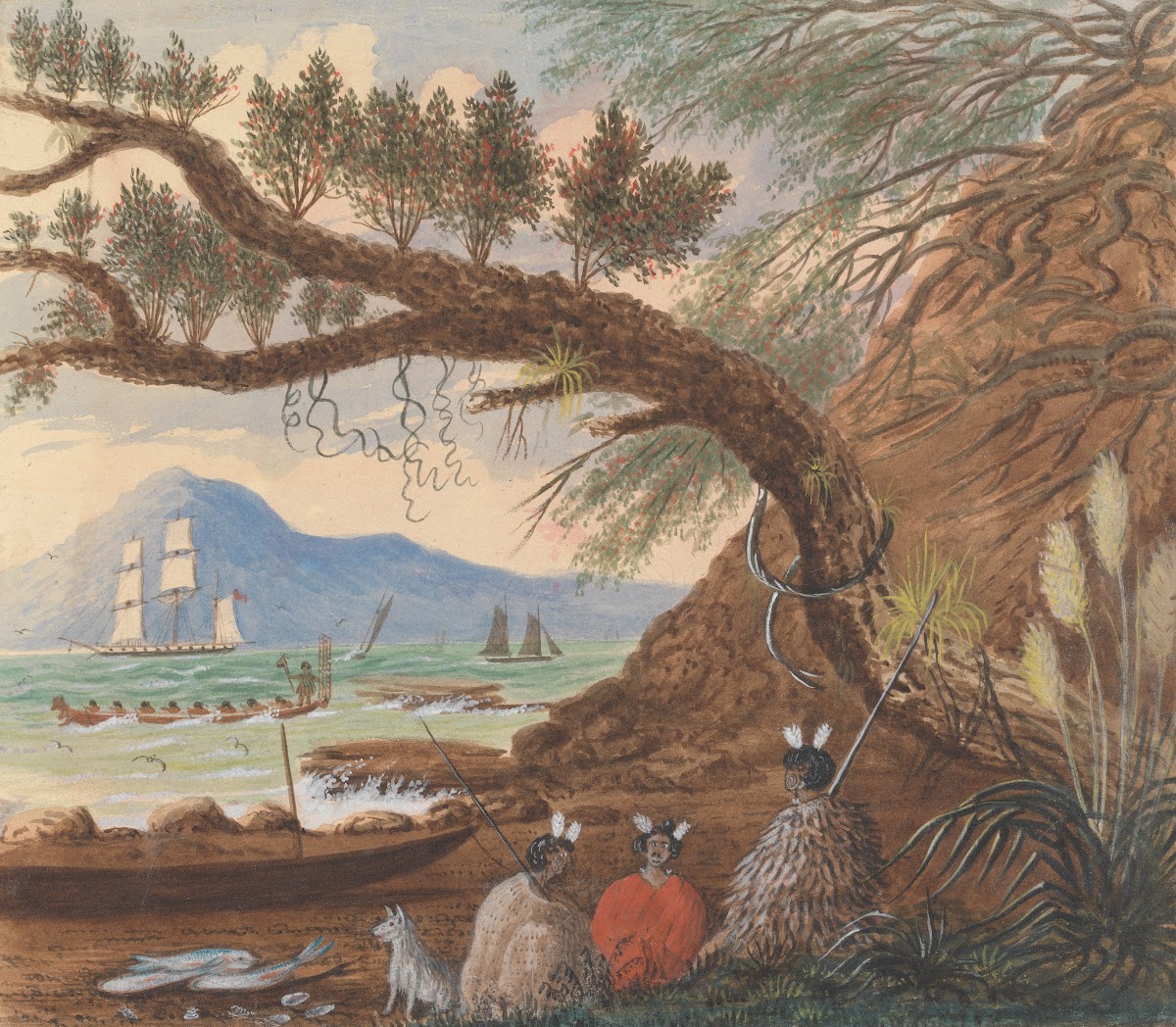 View near Auckland Three Maoris and a Dog 1860
