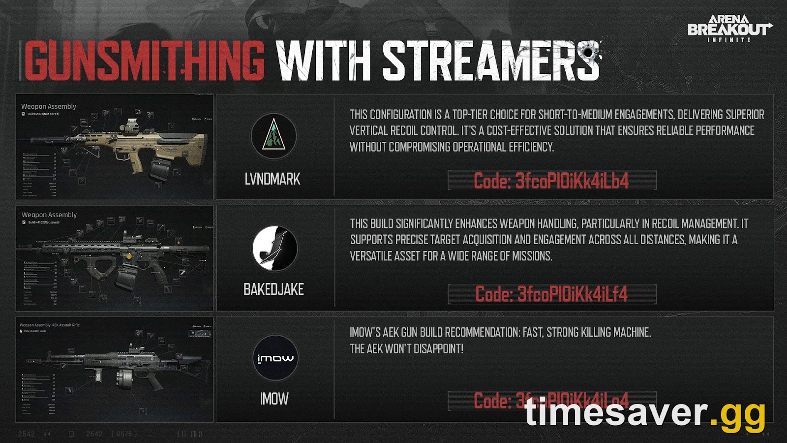 Official Arena Breakout Infinite Gunsmithing with Streamers card showing weapon assembly screens and attachment builds