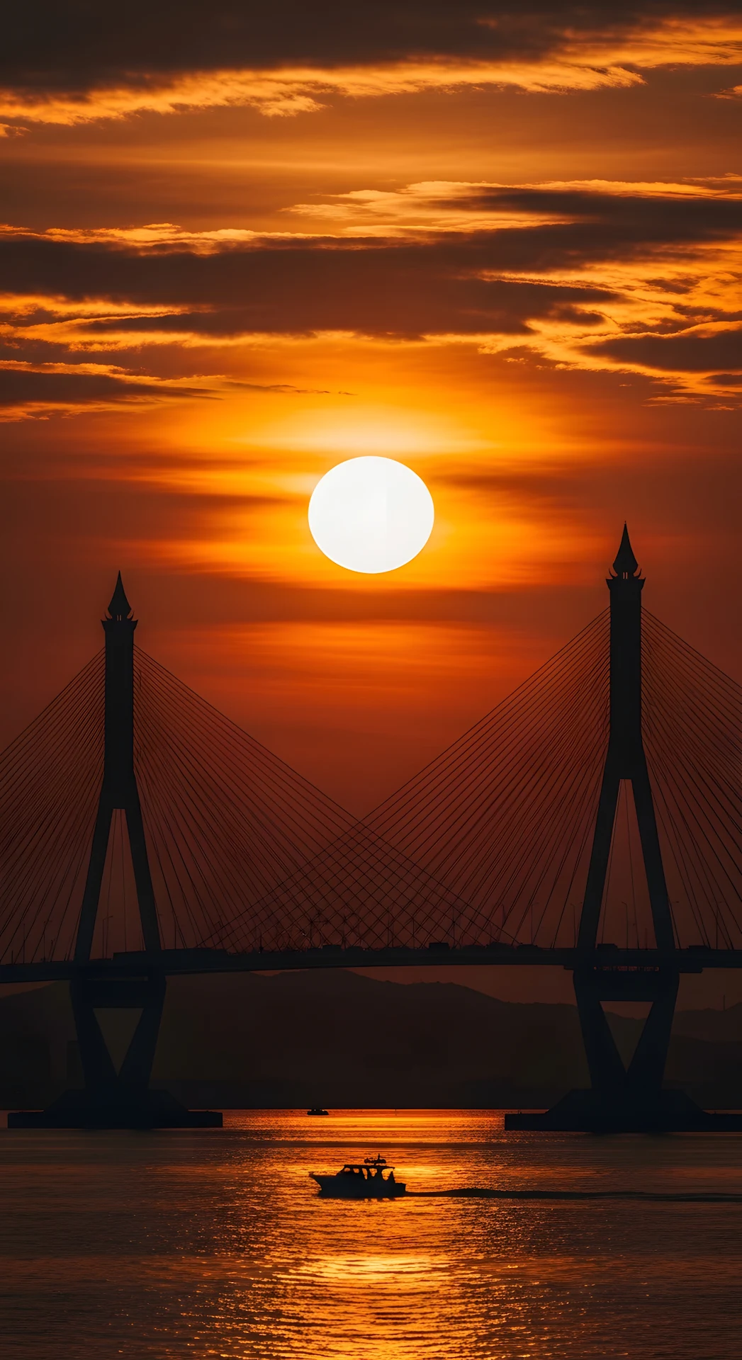 Epic Silhouette of a Bridge and Boat Against a Fiery Sun and Intense Red-Orange Sunset Sky Over Water - Free 4K mobile Wallpaper