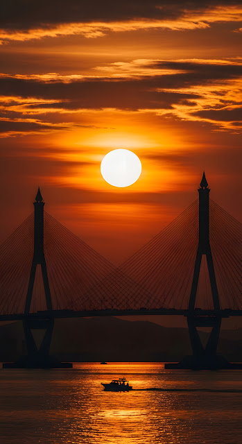 Epic Silhouette of a Bridge and Boat Against a Fiery Sun and Intense Red-Orange Sunset Sky Over Water - Free mobile Wallpaper