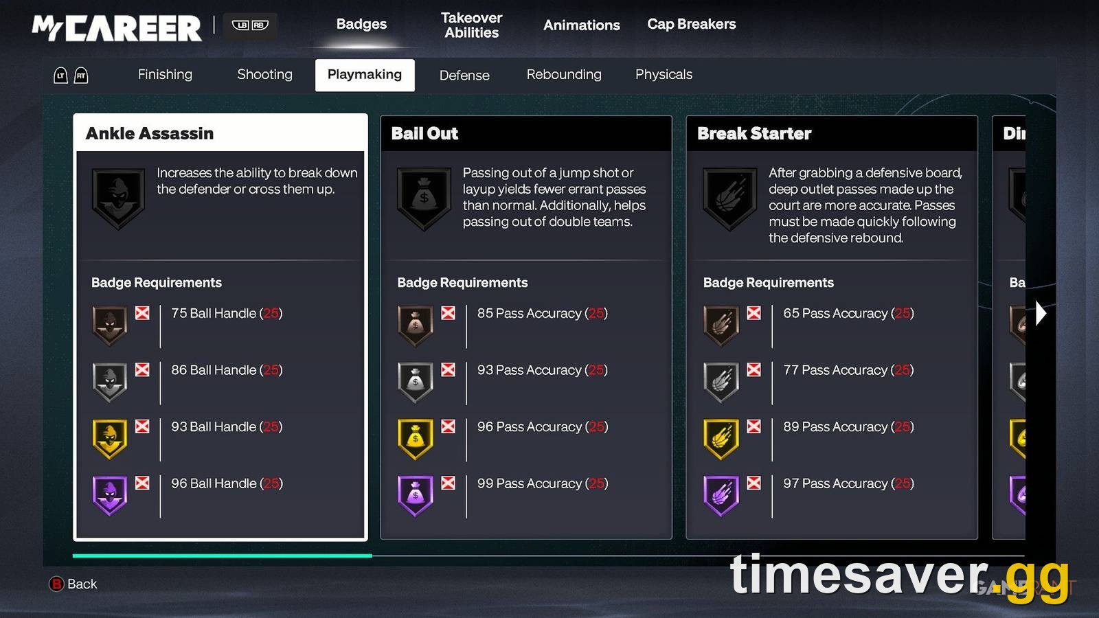NBA 2K27 MyPLAYER Builder badge requirements screen showing badge tiers and attribute thresholds