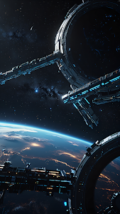 Orbital Ring Station Above Glowing Earth at Night, Sci-Fi View