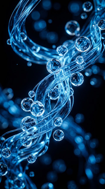 Abstract 3D Render of Translucent Blue Fluid Strands and Bubbles - Free mobile Wallpaper