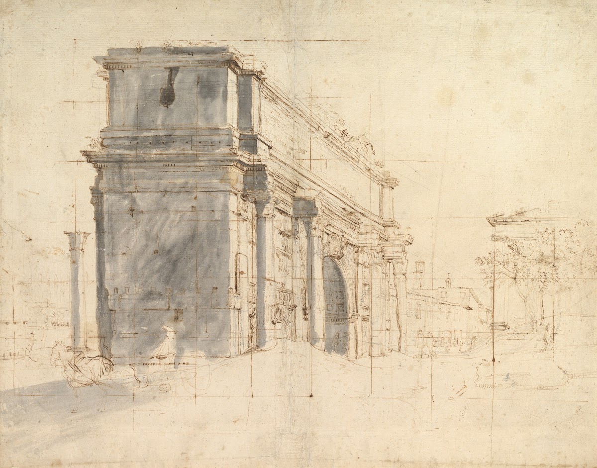The Arch of Septimius Severus in the Roman Forum with the Column of Phocas at th