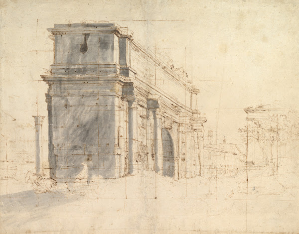 The Arch of Septimius Severus in the Roman Forum with the Column of Phocas at th
