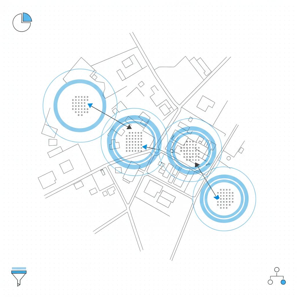 Minimal vector city map showing ZIP-code clusters with blue radius markers and directional arrows highlighting local ad zones to advertise real estate on TikTok