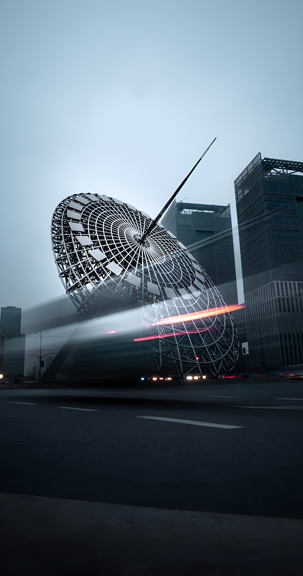 Futuristic Sphere Sculpture City Street Long Exposure Trails - Free 4K mobile Wallpaper