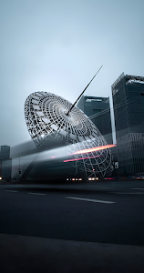Futuristic Sphere Sculpture City Street Long Exposure Trails