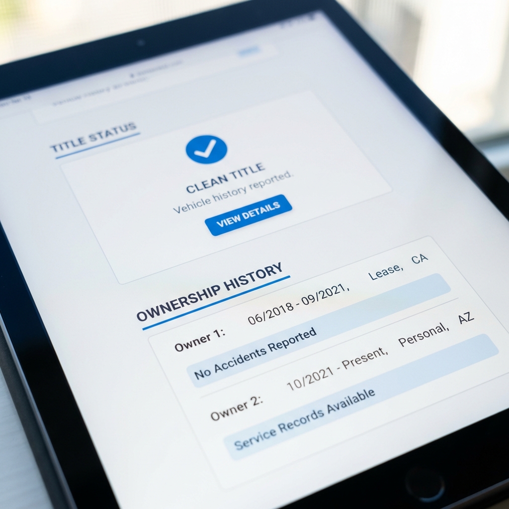 Close up tablet showing a vehicle history report with title status and ownership history fields for online car buying in a clean CarFax Deals style