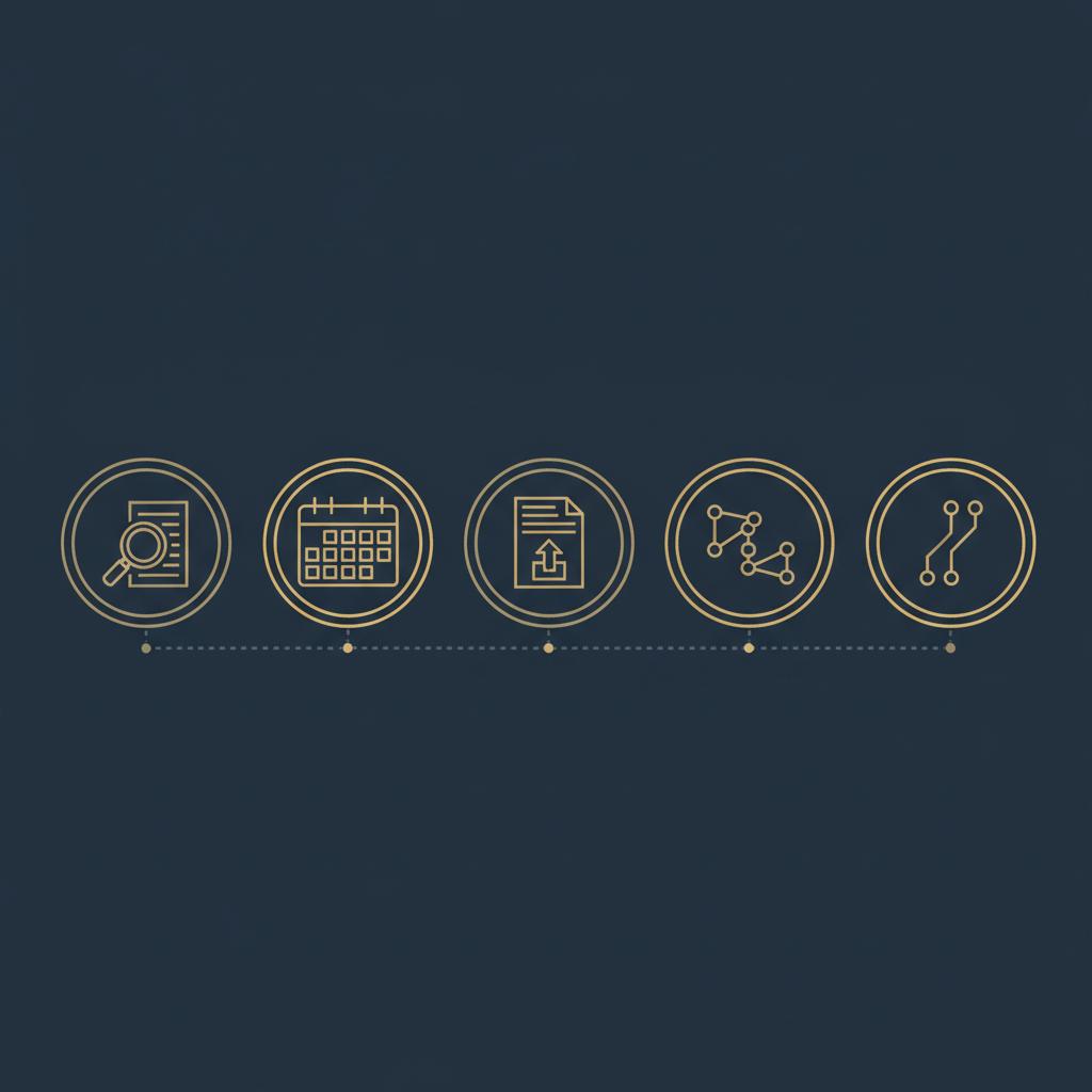 Minimal 2D vector infographic showing a five-step competitor keyword research workflow with icons for manual check, keyword planner, export, clustering and testing on a dark-blue background.