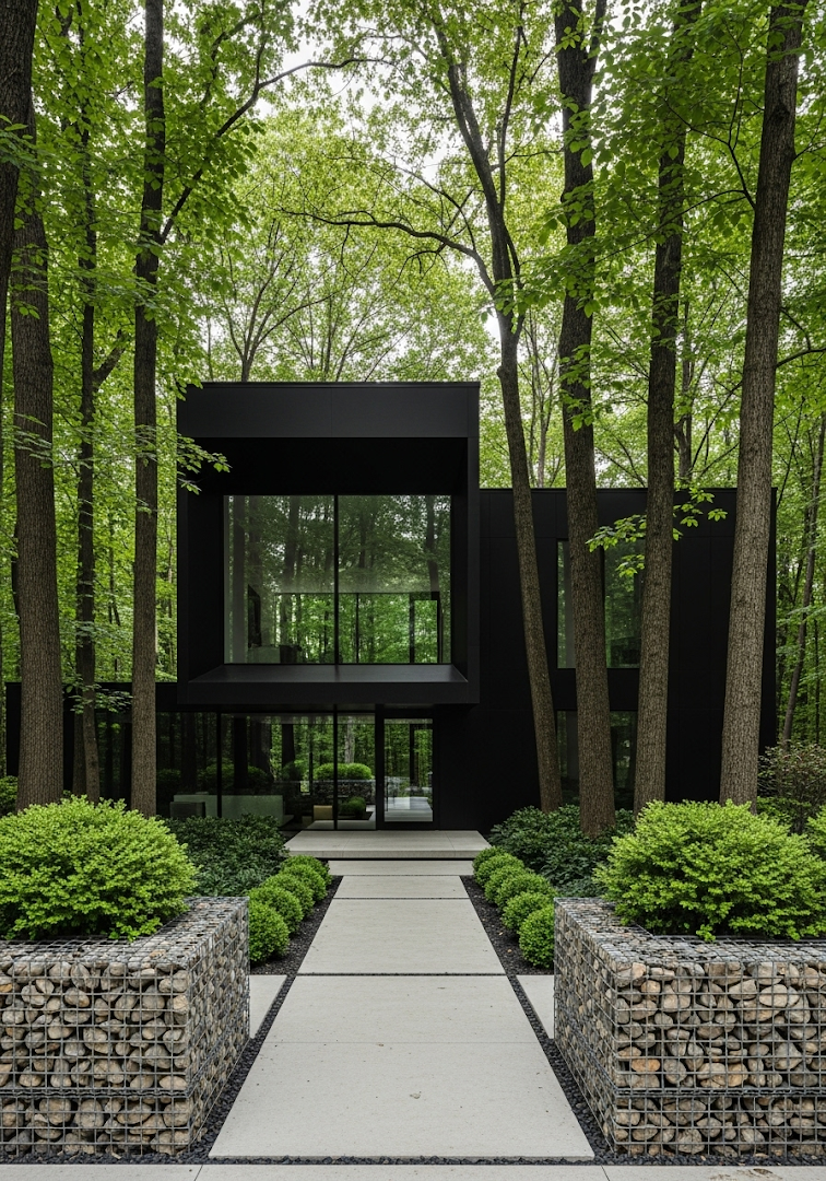Modern Black House Forest Trees Minimalist Architecture