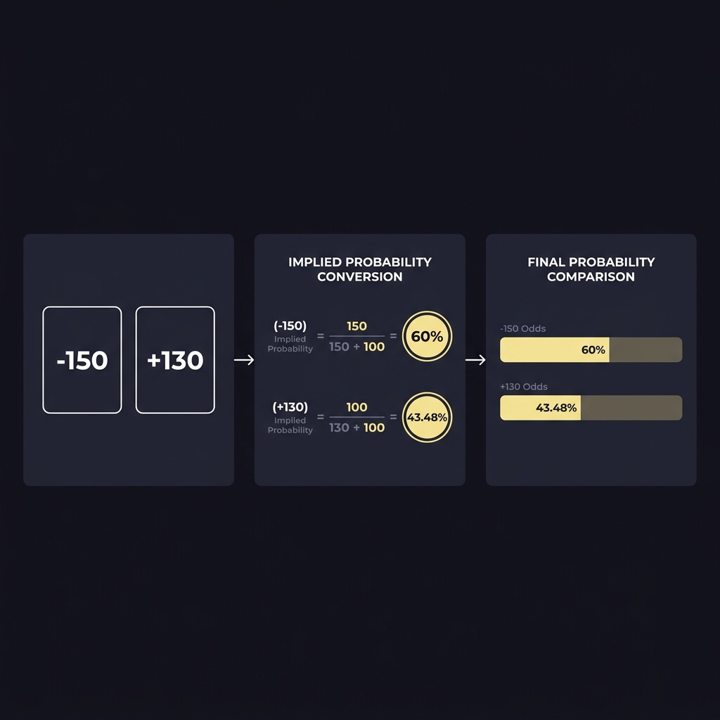 9 bet step by step vector infographic converting negative one fifty and positive one thirty betting odds into implied probability with clear arithmetic and minimalist Funded Plays color scheme