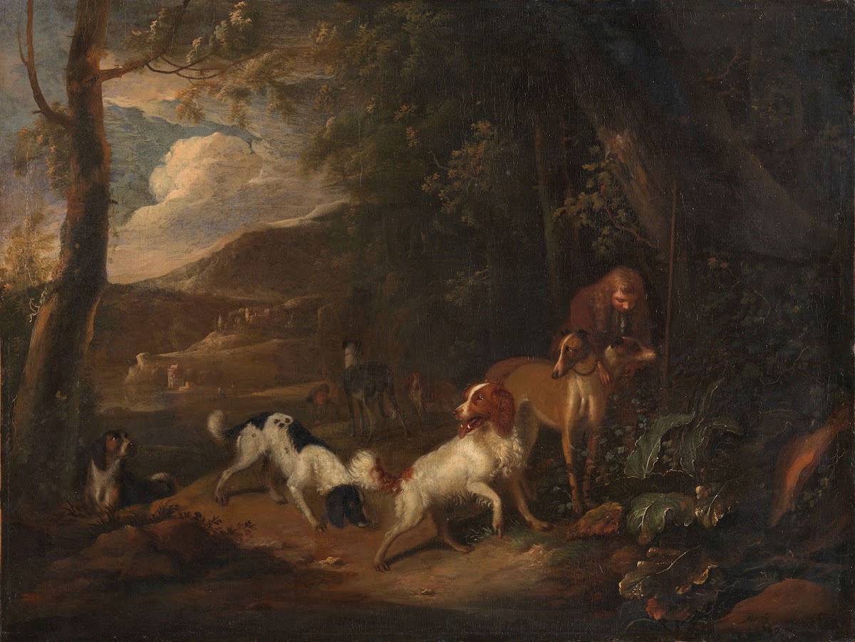 Hunter with Hounds at the Edge of a Wood c 1660   c 1699