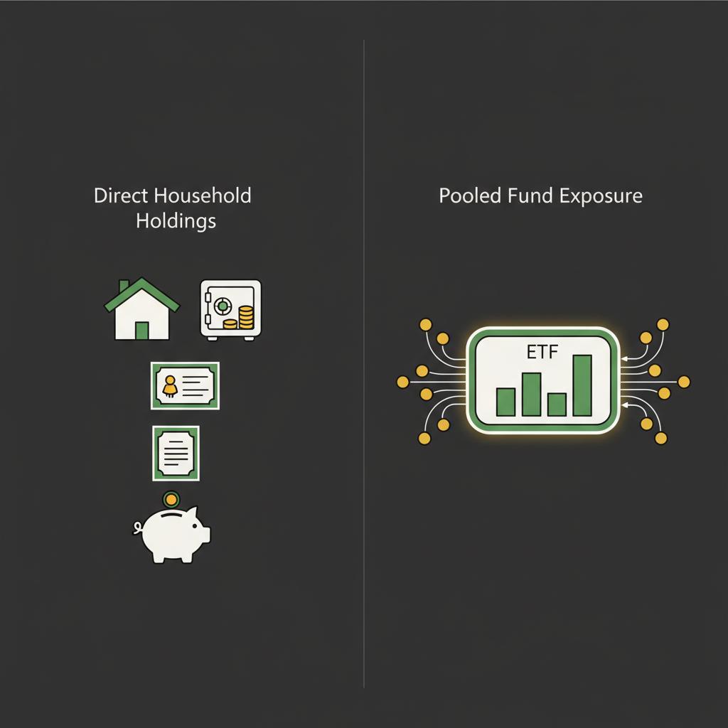Minimal 2D vector diagram comparing household direct holdings with pooled ETF fund exposure using icons for retirement accounts and ETFs stock market basics