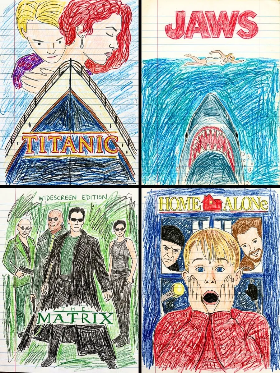 Transforma este póster de película en un dibujo infantil hecho con crayones sobre papel rayado de un cuaderno.