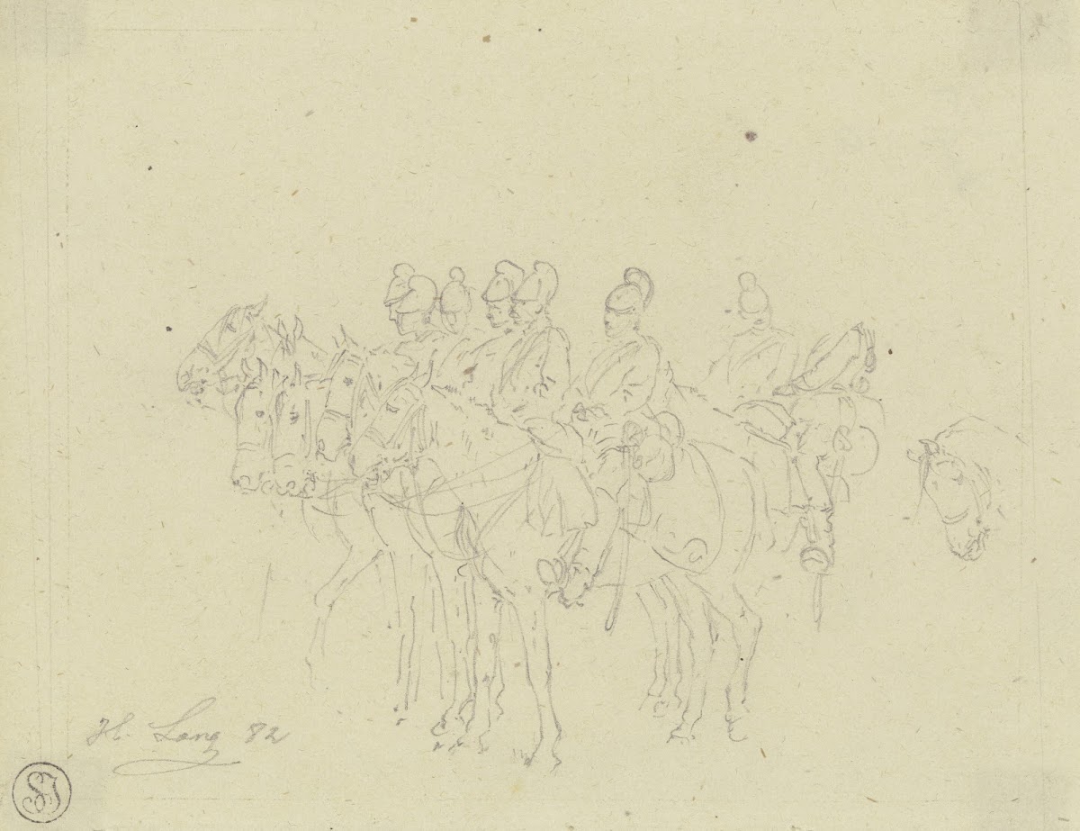 Gruppe von bayerischen Cheveaux légers zu Pferd haltend 1882