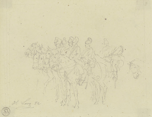 Gruppe von bayerischen Cheveaux légers zu Pferd haltend 1882