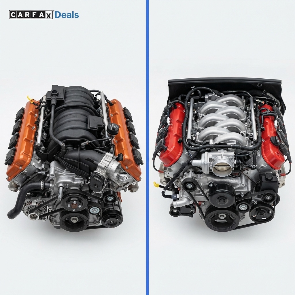 Close up side by side comparison of a 6.4L HEMI and a 6.2L LT1 engine bay on white background minimalist studio style camaro ss for sale