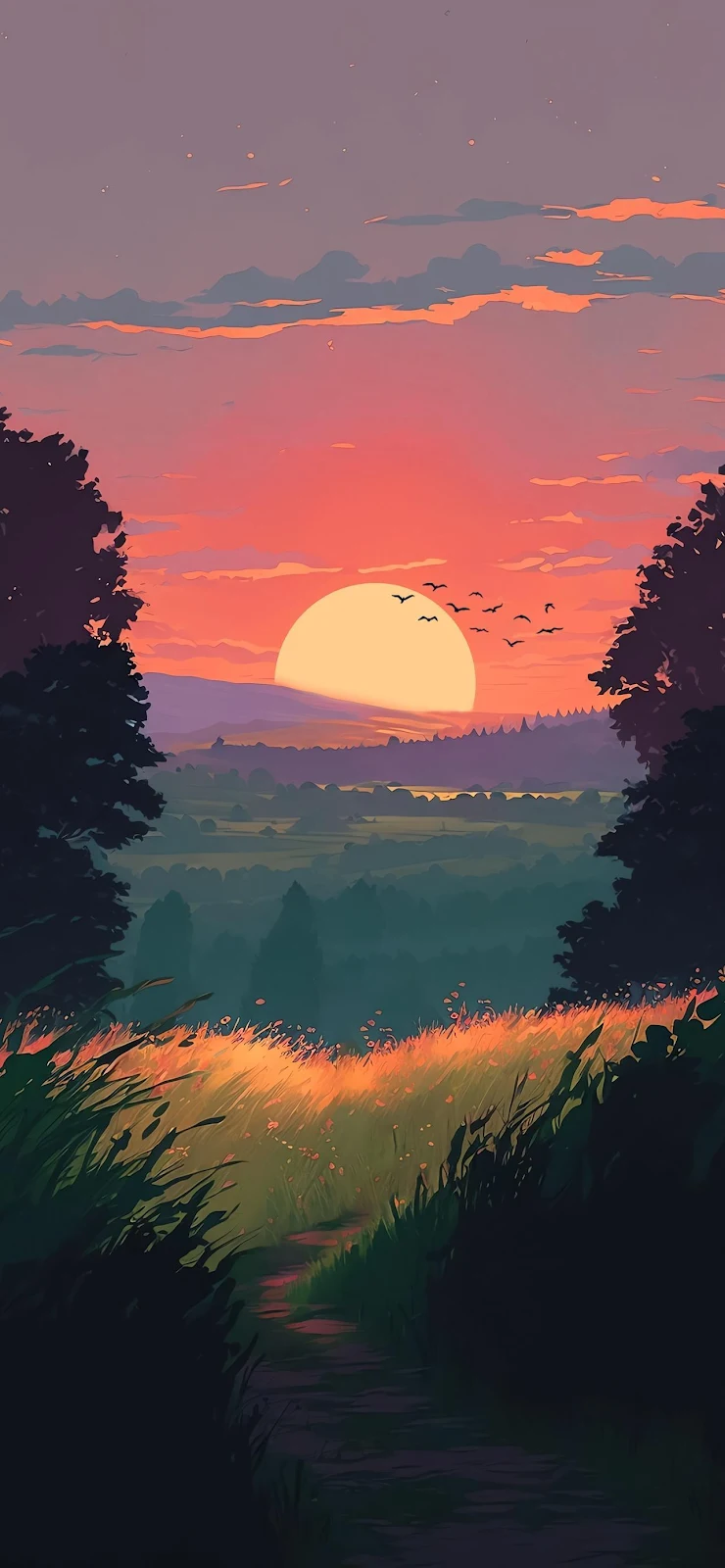 Sunset Over Serene Valley - Digital Illustration Full HD iPhone Wallpaper (1284x2778)